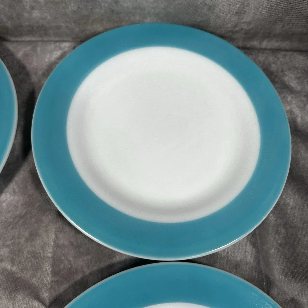 4 Pyrex Milk Glass Turquoise Aqua Wide‎ Rim Band Dinner Plates 9.75